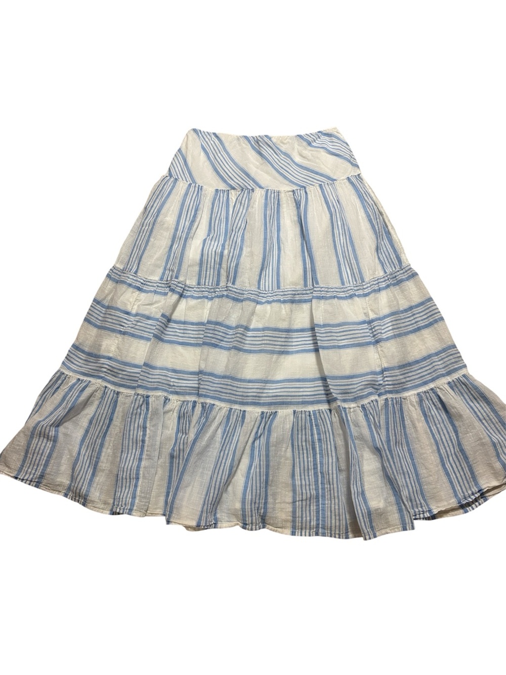 Chaps Light Blue and White Cotton Striped Tiered Maxi Skirt, small